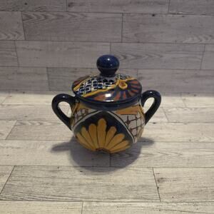 Lidded Talavera Mexico Terracotta Hand Painted Bowl With Handles